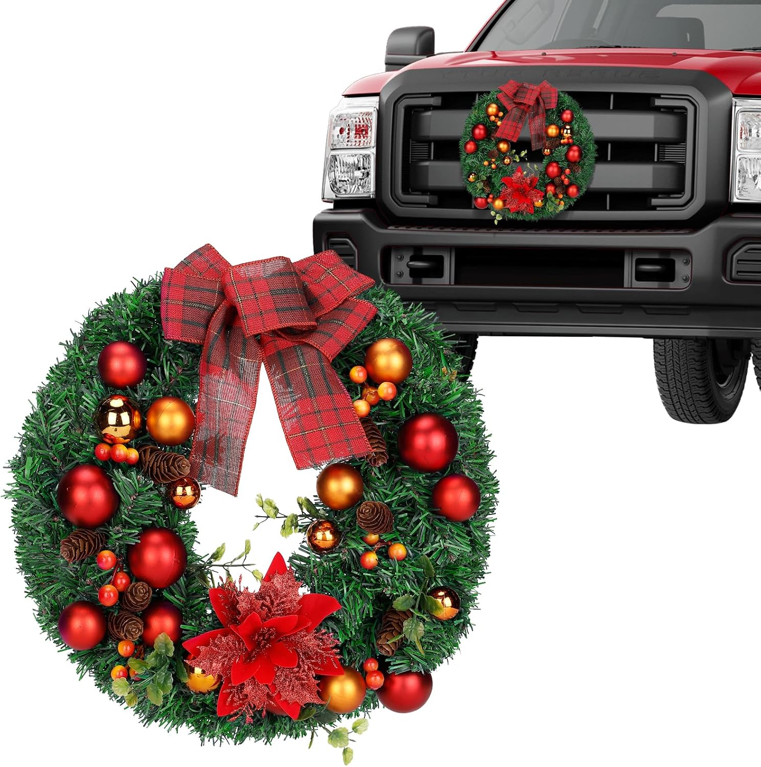 Großer Auto-weihnachtskranz (ca. 39,9 Cm) – Weihnachtsdekoration Für Den Kühlergrill – Geschenkidee Für Geländewagen Und Trucks