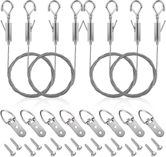 Bilderhaken – 4 Stück, 2 M Langer Bilderaufhängedraht, Spiegelaufhängeset Aus Edelstahl, Tragkraft 20 Kg, Mit 8 D-ringen Und 16 Schrauben, Für Kunstwerke