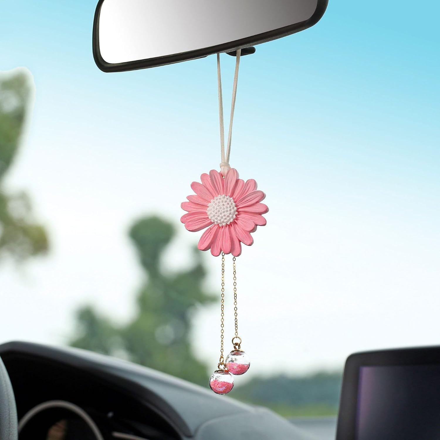 Gänseblümchen-autoaufhänger, Damenmodell – Niedliche Sonnenblumen-auto-rückspiegelaufhänger – Ästhetische Auto-innenraumdekoration, Geschenk (rosa)