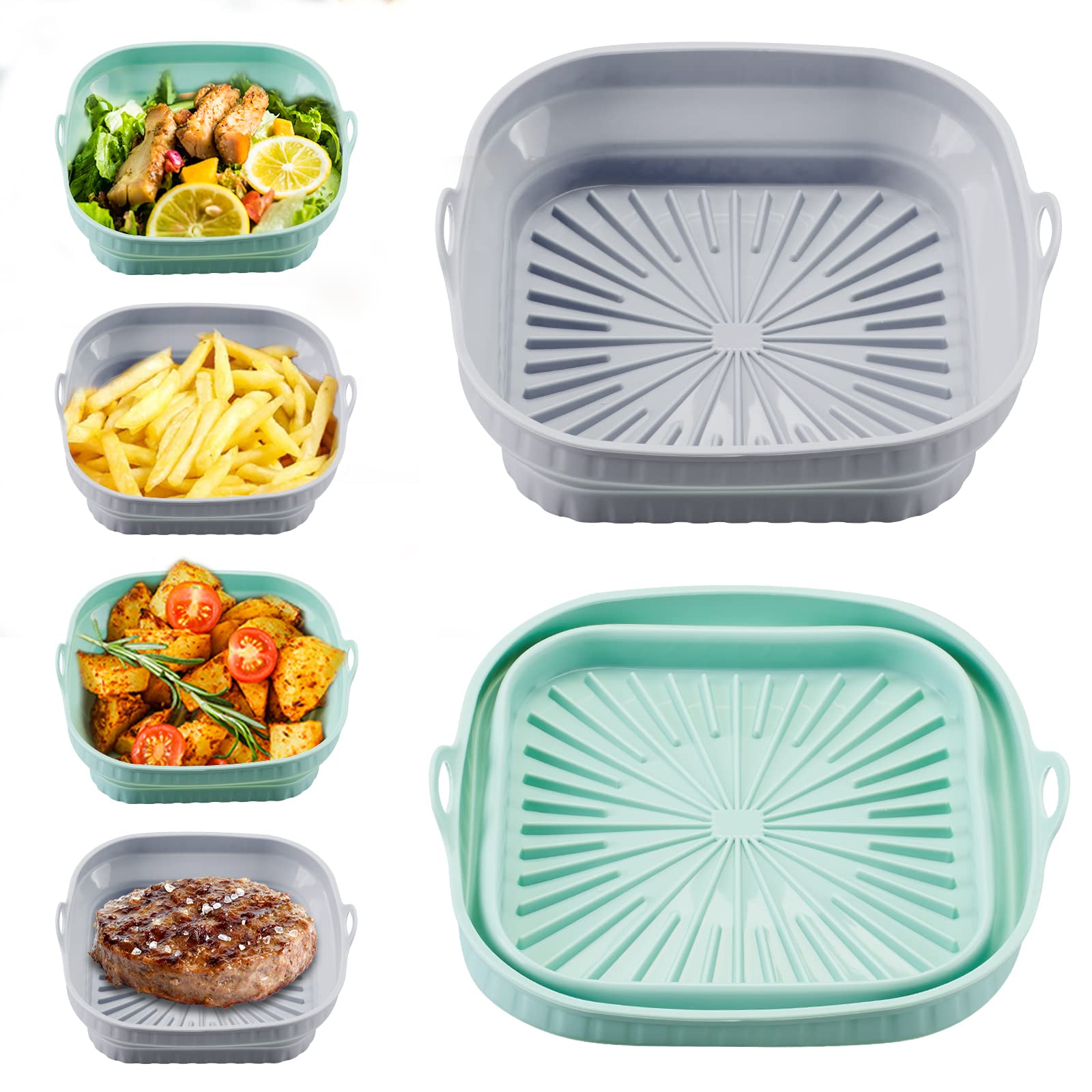 2er-packung Silikonmatten Für Airfryer, 20 Cm X 20 Cm, Grau + Grün, Leicht Zu Reinigen, Spülmaschinenfest, Faltbar, Silikon, Quadratisch