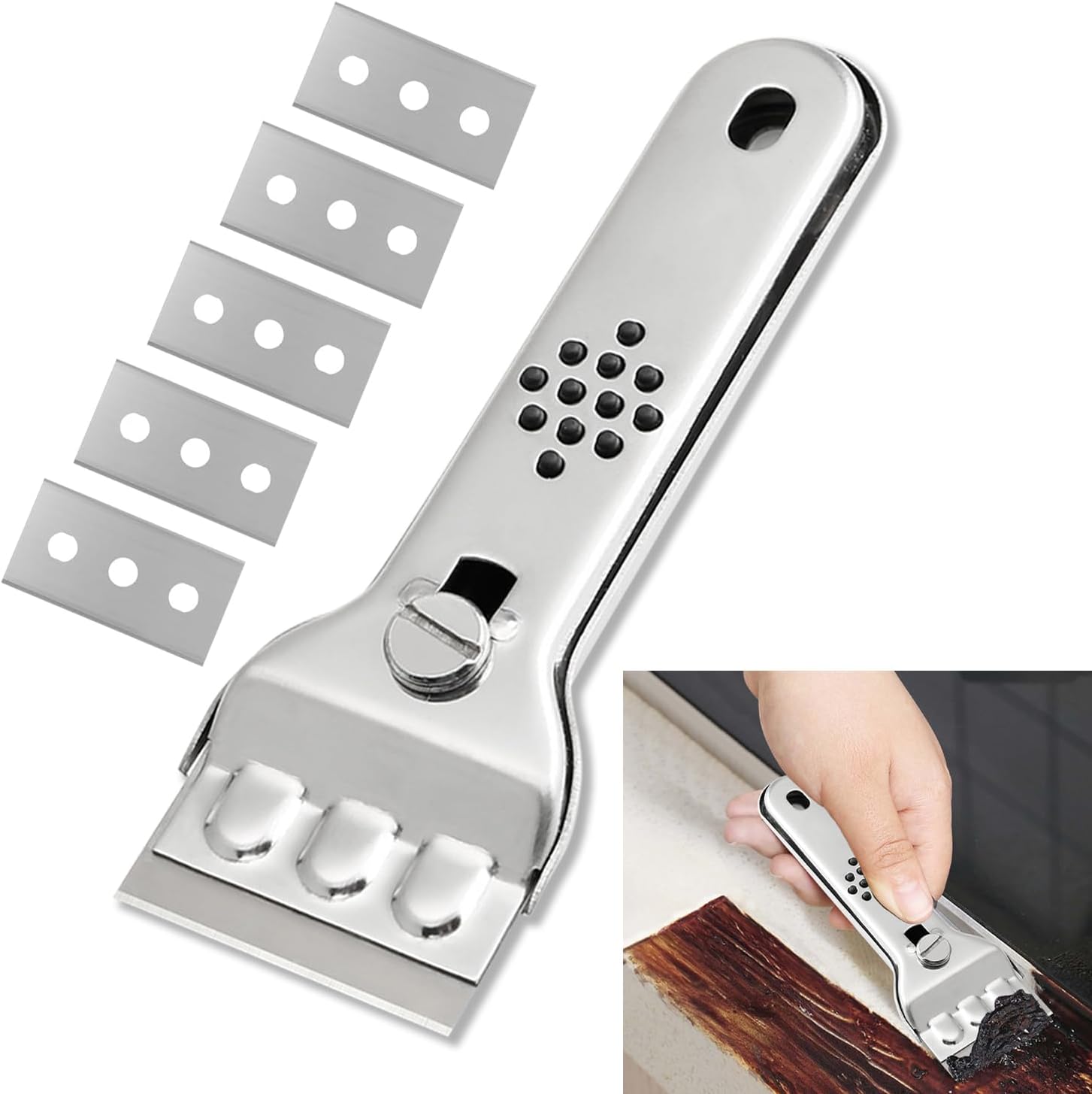 Küchenschaber Mit 5 Austauschbaren Klingen, Aus Edelstahl, Geeignet Für Backöfen, Cerankochfelder Und Glasoberflächen.