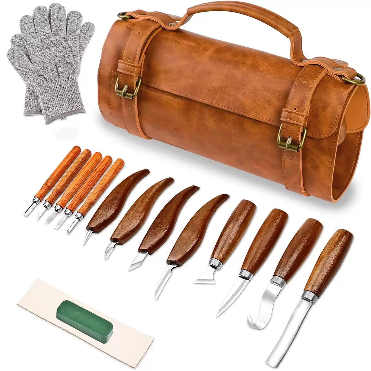 17-teiliges Holzschnitzwerkzeug-set Mit Ledertasche, Bestehend Aus 3 Meißeln, 8 Schnitzmessern Und 5 Detailmessern.