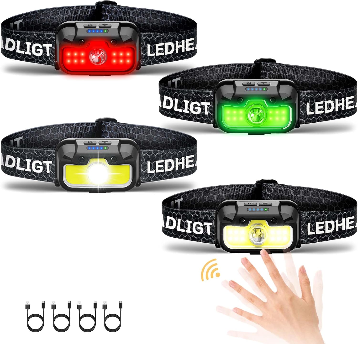 Wiederaufladbares Stirnlampenset (4-teilig) – 500 Lumen Extra Helle Rote Stirnlampe – Wasserfeste Frontleuchte Mit Weißem Und Grünem Licht – 4-teilig
