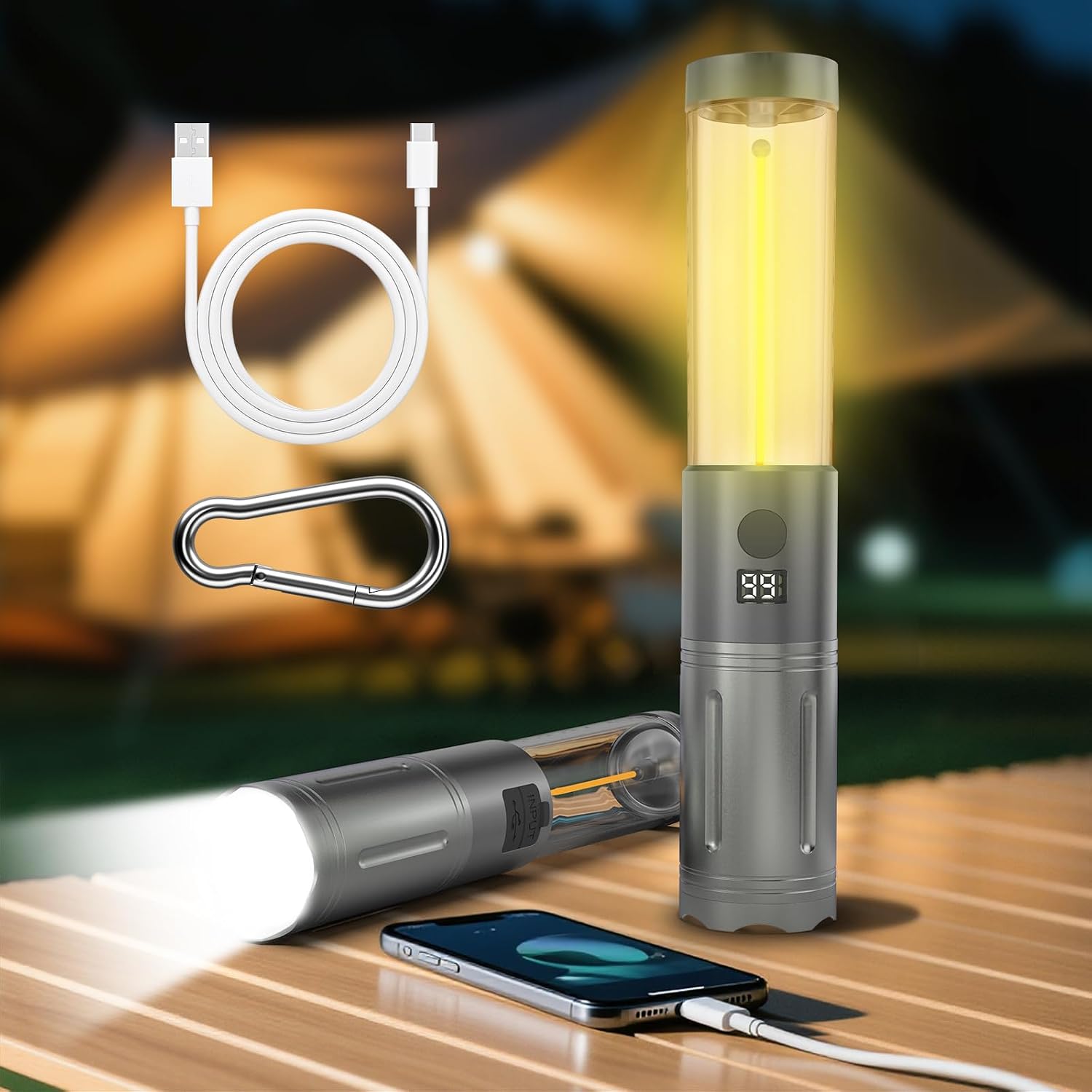 Wiederaufladbare Campinglampe Und Taschenlampe Mit 2 X 1,6-stufigem Led-teleskoplicht, Usb-ausgang, Lcd-bildschirm Und Ipx4-wasserschutz.
