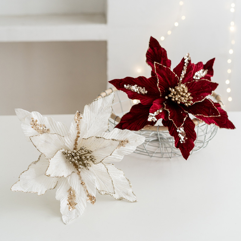 26 Cm Große, Hochwertige, Flauschige, Handgefertigte Klebepuder-anhänger – Künstliche Weihnachtsblumen – Weihnachtsbaum-dekoration – Weinrot + Weiß