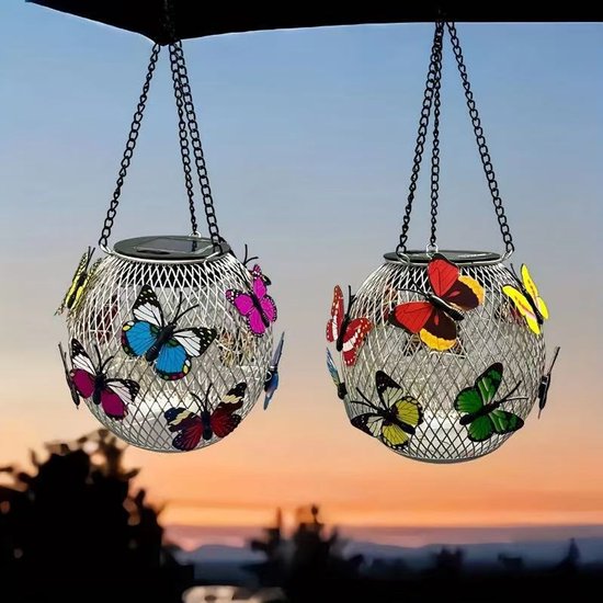 Metallene Solar-außenleuchte – Hängende, Wasserdichte, Dekorative Solarlaterne Für Hof, Garten, Weg Und Veranda – Warmweißes Schmetterlingsnetz (2er-pack)