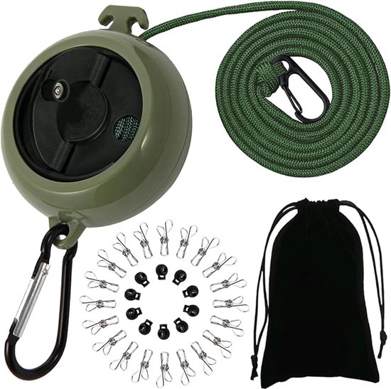 Ausziehbare Wäscheleine, Rutschfest, Tragbar, 10 M, 10 Halteschlaufen, 20 Clips, Outdoor-campingzubehör, Grün-a