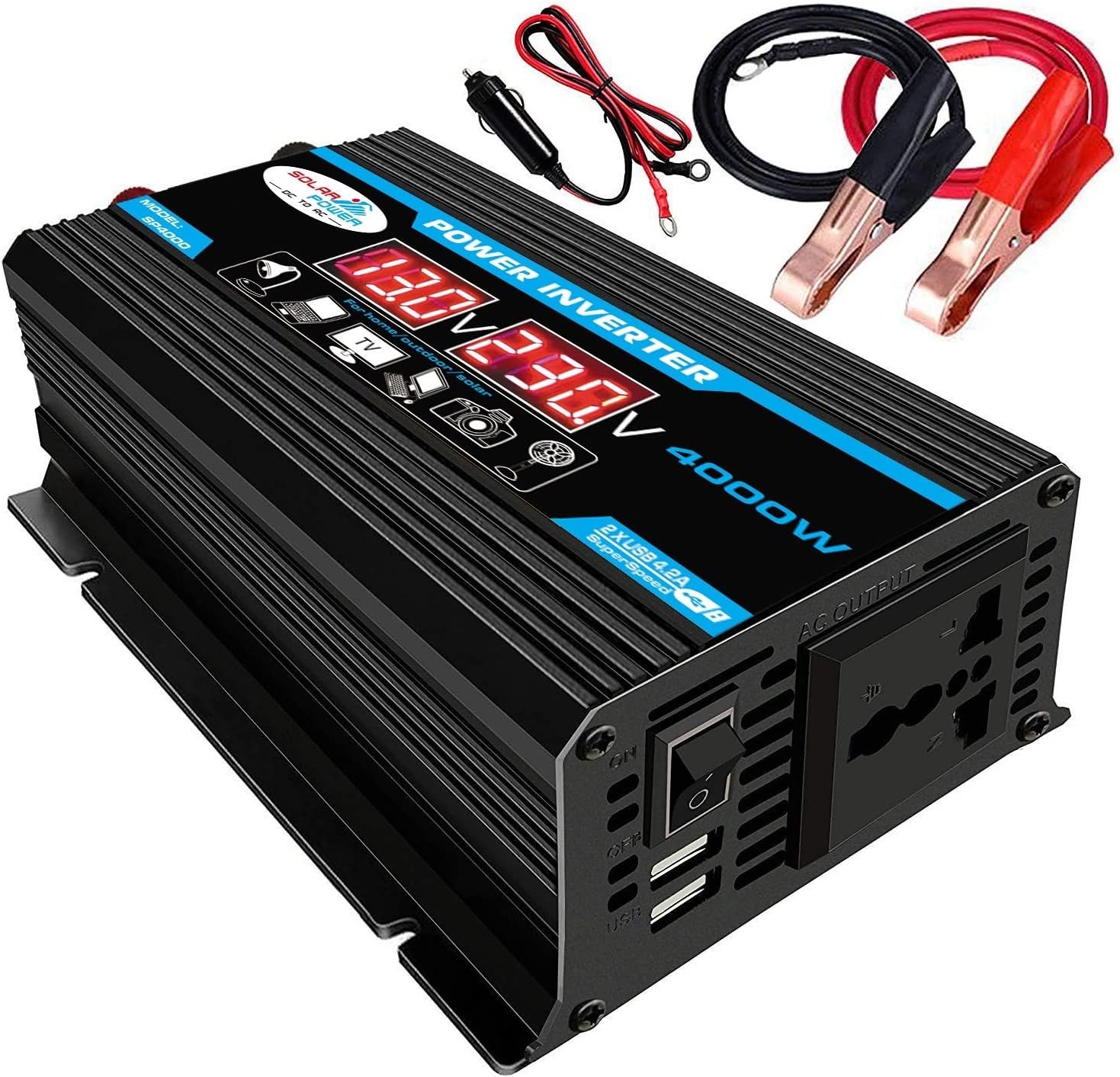 Kfz-wechselrichter, 300 W Sinus-wechselrichter (12 V Dc Auf Ac), Dual-spannungsanzeige, Mit 1 Ac-steckdose Und 2 Usb-anschlüssen, Kfz-adapter, Spannungswandlung