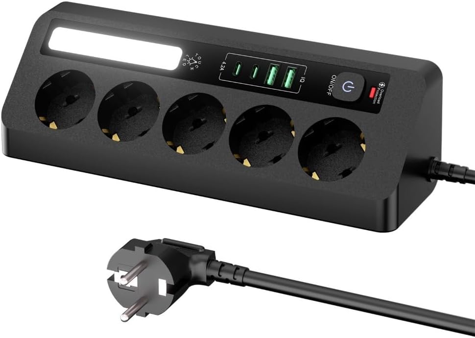 Desktop-verlängerungskabel Mit Usb-anschluss, 2 Usb-c- Und 2 Usb-a-anschlüssen, Steckdose Mit Nachtlicht