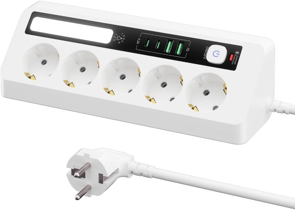 Diese Multifunktionale 9-in-1-steckdosenleiste Für Den Schreibtisch Verfügt Über Zwei Usb-c-anschlüsse, 2500 W Leistung Und Ein Berührungsempfindliches Nachtlicht.