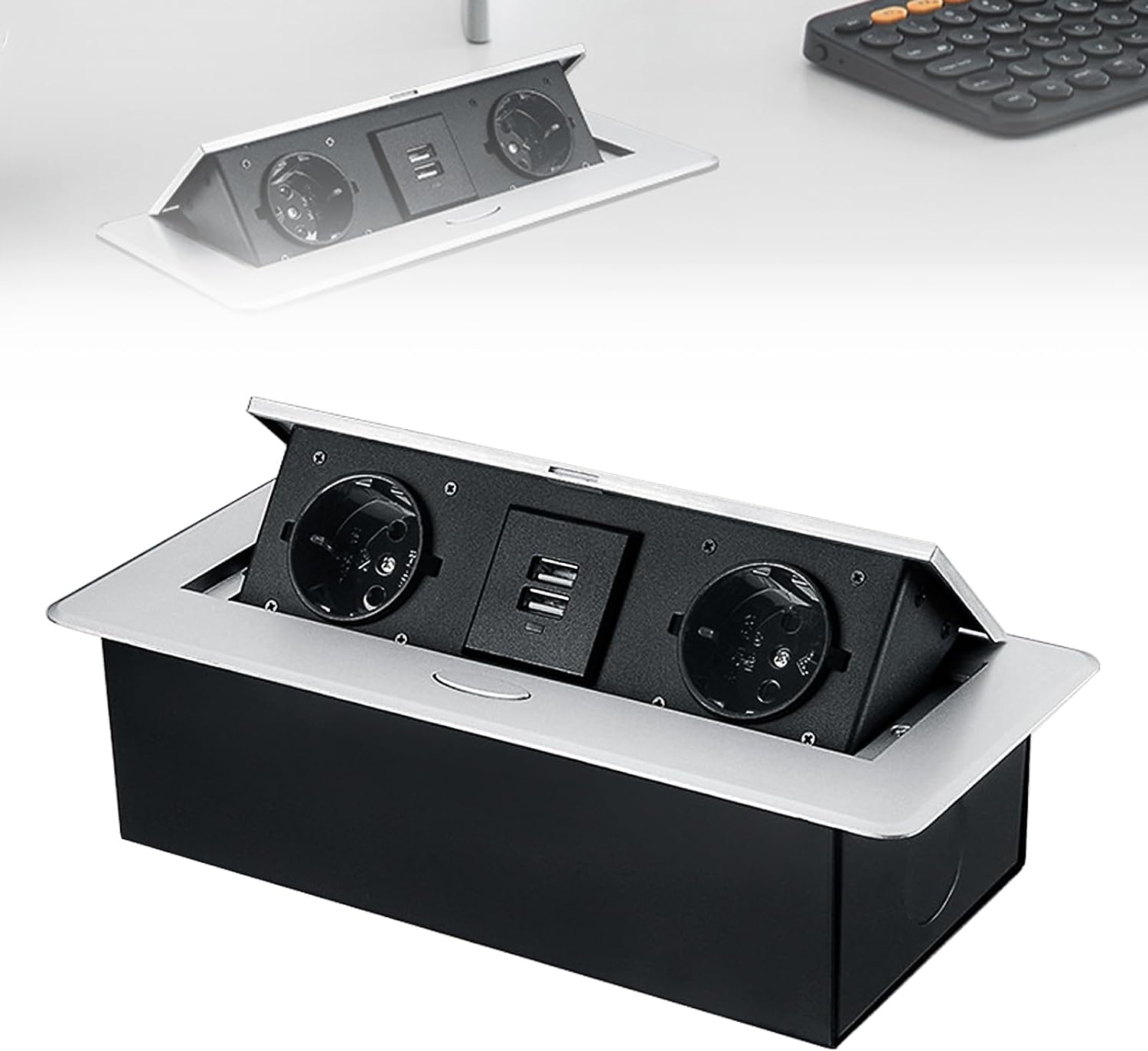 Versteckte, Ausklappbare Steckdosenleiste Und Multimedia-hub-box Für Den Schreibtisch (2 Ac-steckdosen + 2 Usb-anschlüsse, Silber)