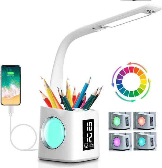 Led-schreibtischlampe Mit Augenschutzfunktion, Arbeitslicht, Usb-ladeanschluss, Nachtlichtfunktion, Zeit-/kalenderfunktion, 3-stufiger Dimmung, 10 Watt
