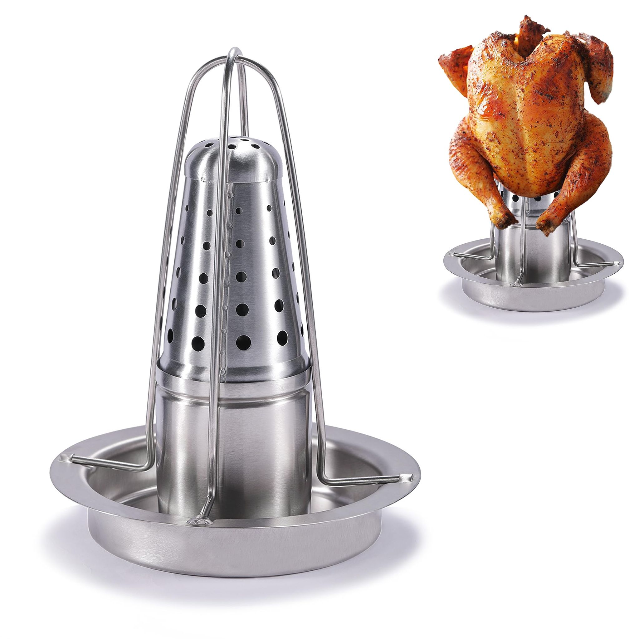 Einteiliger Hähnchenrost Aus Bierdosenmaterial Zum Grillen Und Räuchern – Hochwertiger Hähnchenrost Aus Edelstahl 304 – Geflügelgrillpfanne Mit Gewürzbehälter