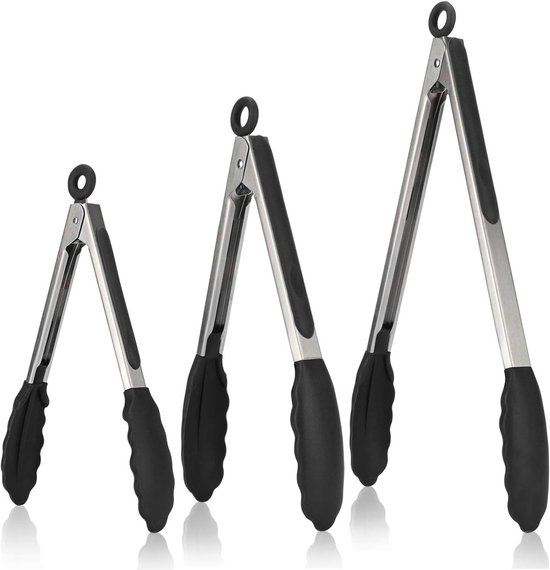 3-teiliges Grillzangen-set Aus 18/8 Edelstahl Mit Hitzebeständigen Silikongriffen (schwarz)