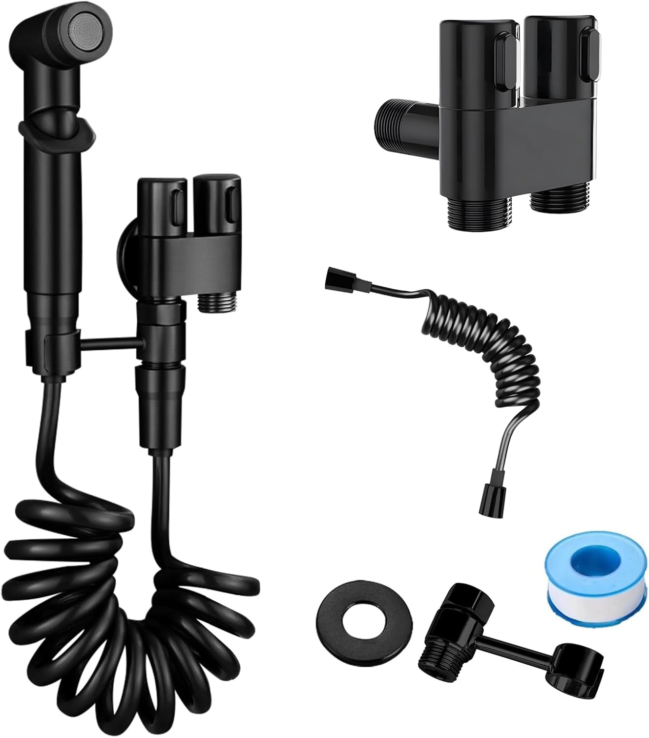 Tragbarer Bidet-sprühkopf Für Die Toilette (schwarz) – Doppelventil (1 Eingang, 2 Ausgänge) + Mini-set – Wc-sprühkopf / Bidet-zubehör / Handbrause-set – Ideal Für Zuhause