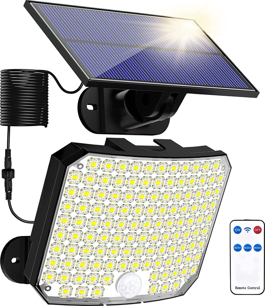 Solarleuchten Mit 118 Leds, Bewegungsmelder, 3 Beleuchtungsmodi, Ip65 Wasserdicht, Inklusive Fernbedienung, Für Terrassen, Garagen, Veranden Und Gärten