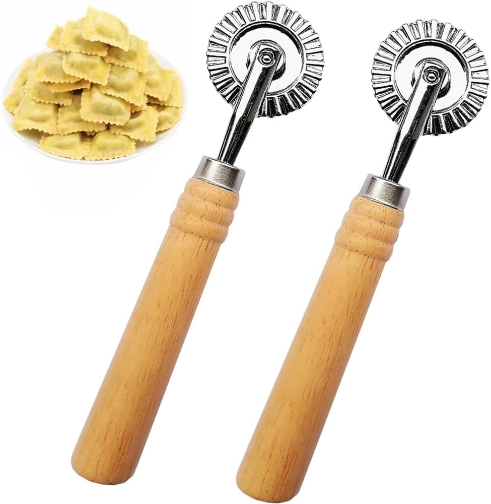 2-teiliger Ravioli-ausstecher Mit Rollenrad – Runde, Geriffelte Form – Holzgriff – Für Hausgemachte Pasta – 4 Cm