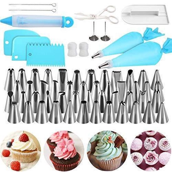 Set Mit 62 Edelstahl-spritztüllen Inklusive Spritzbeutel, Schaber Und Reinigungszubehör Für Cupcakes, Kekse Und Sahne – Silber