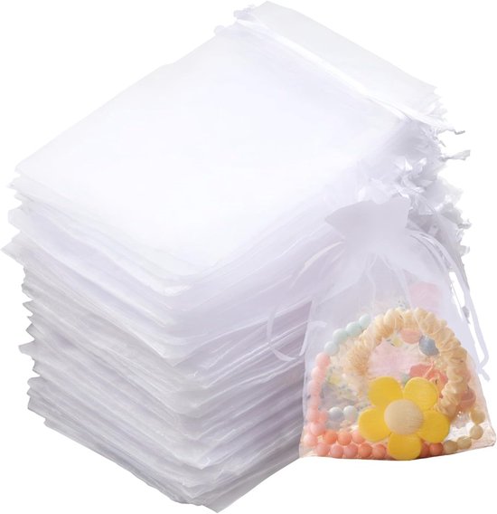 100 Kleine Weiße Organzabeutel Mit Kordelzug Für Schmuck & Hochzeiten, 10 X 15 Cm