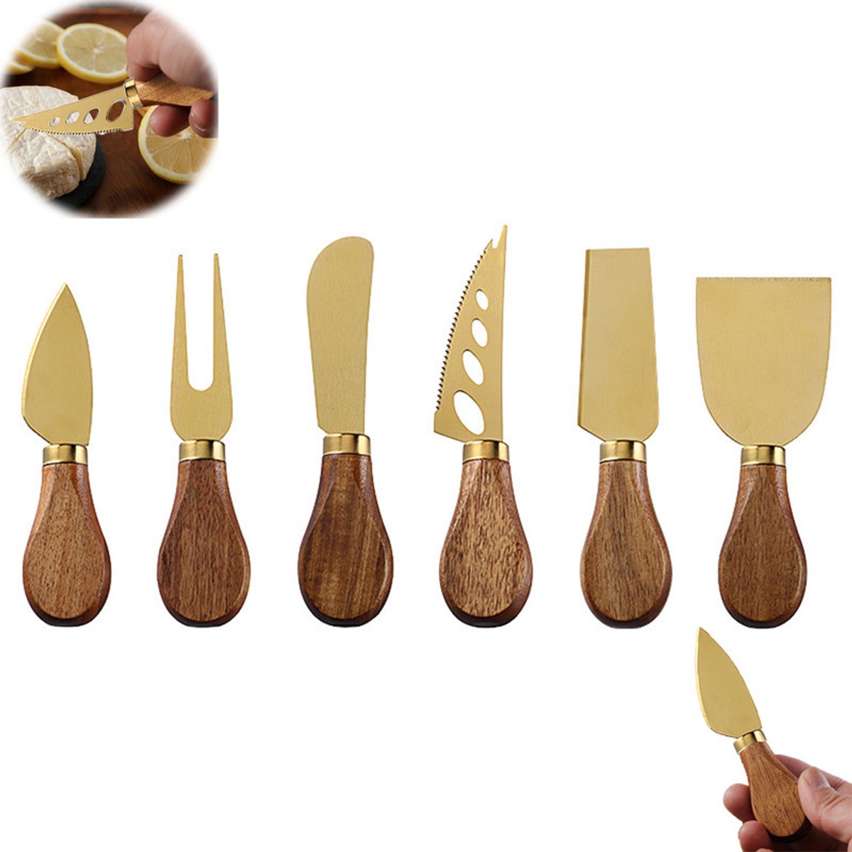 Teile - Goldenes Käsemesserset - Klinge Aus Edelstahl - Käsemesser - Griff Aus Akazienholz - Mit Ergonomischem Griff - Käsereibe Und -gabel - Sui