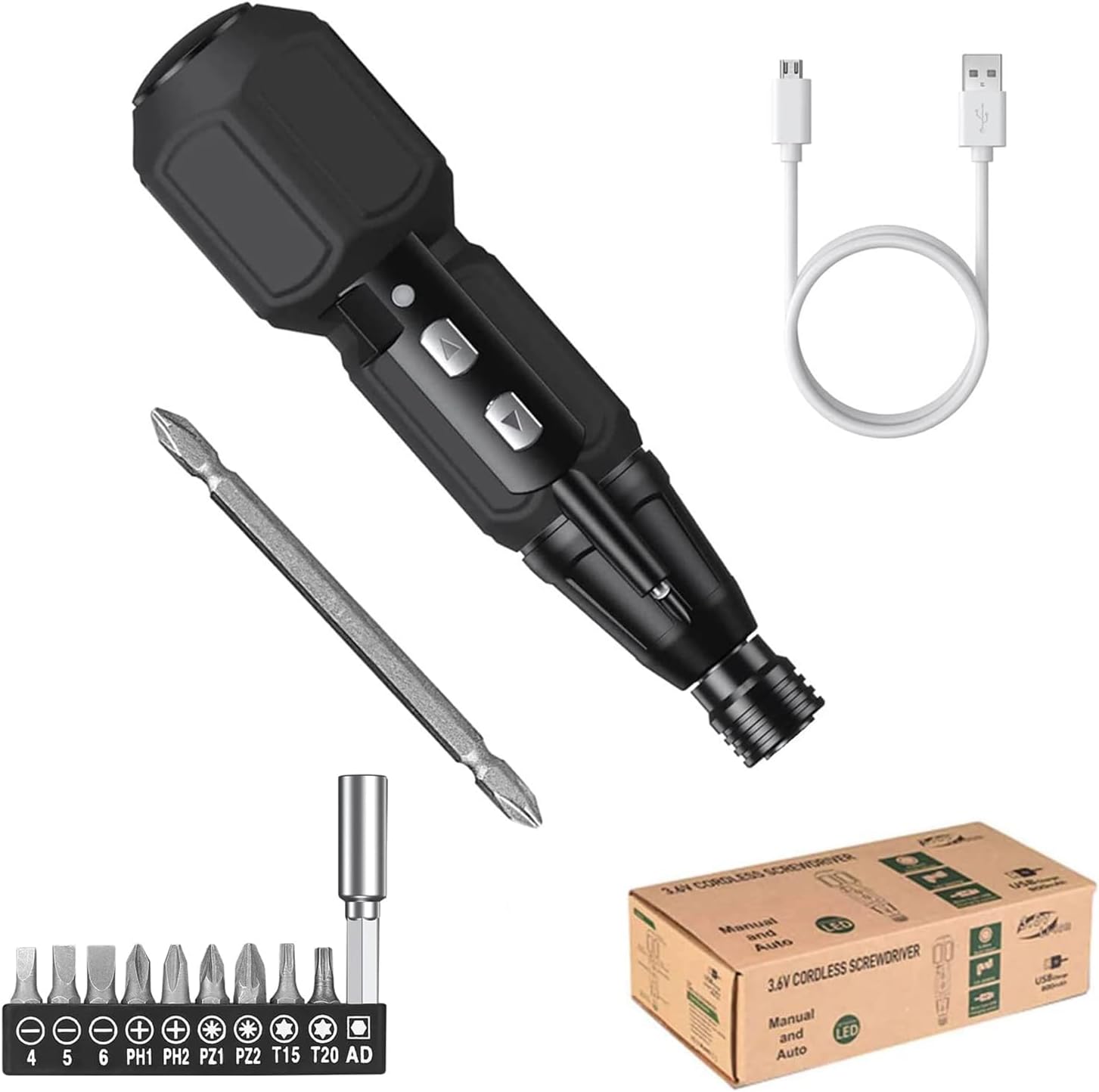 3,6-v-akkuschrauber, Wiederaufladbar, Tragbar, Drehbar, Autoreparaturwerkzeug, Mit Led-licht, 6,35-mm-doppelkopfbit, Usb-ladekabel