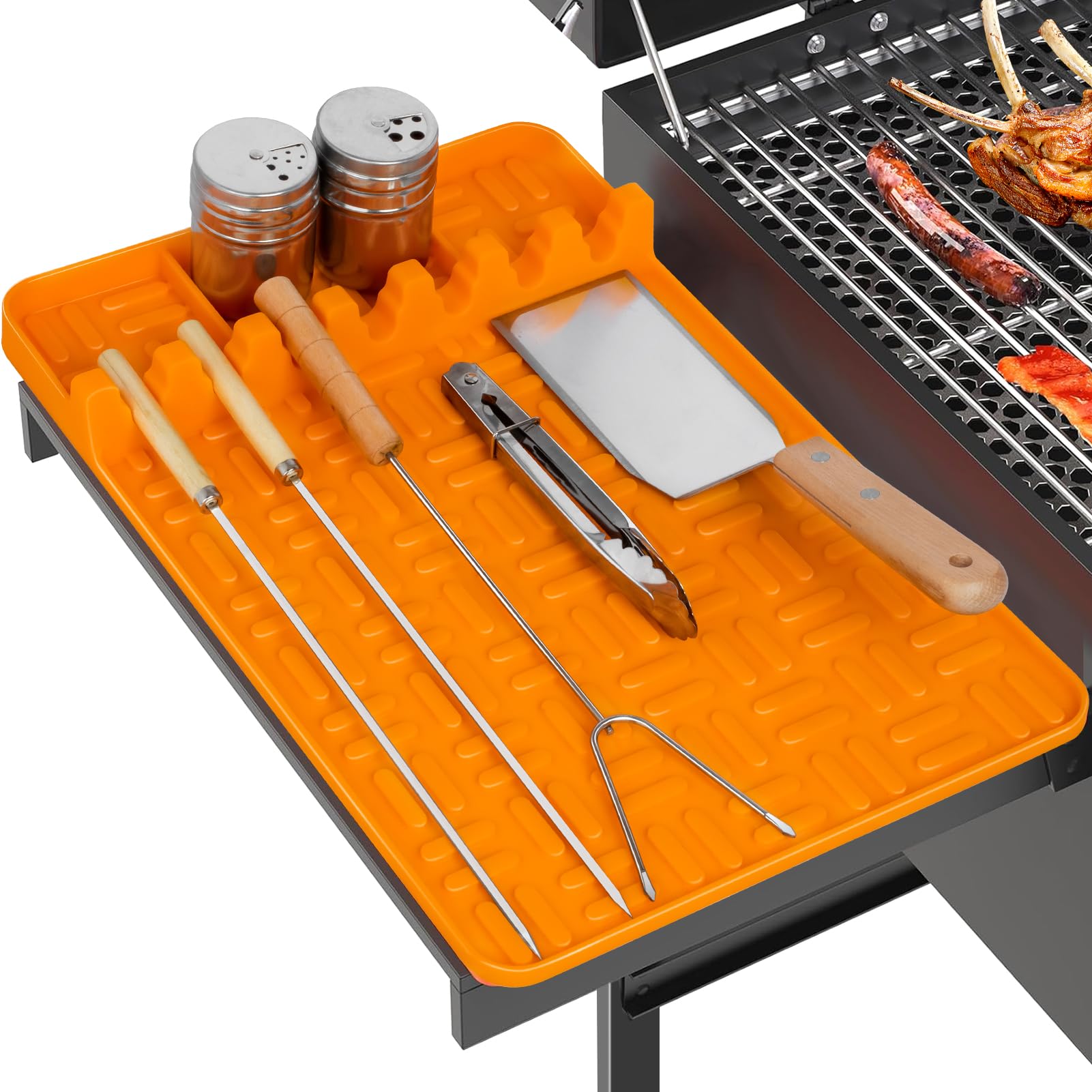 Silikonmatte, Große Werkzeugmatte Mit Tropfschale, Halterung Für Grillutensilien, Grillbesteck, Koch- Und Arbeitsflächenmatte, Grillzubehör, Orange