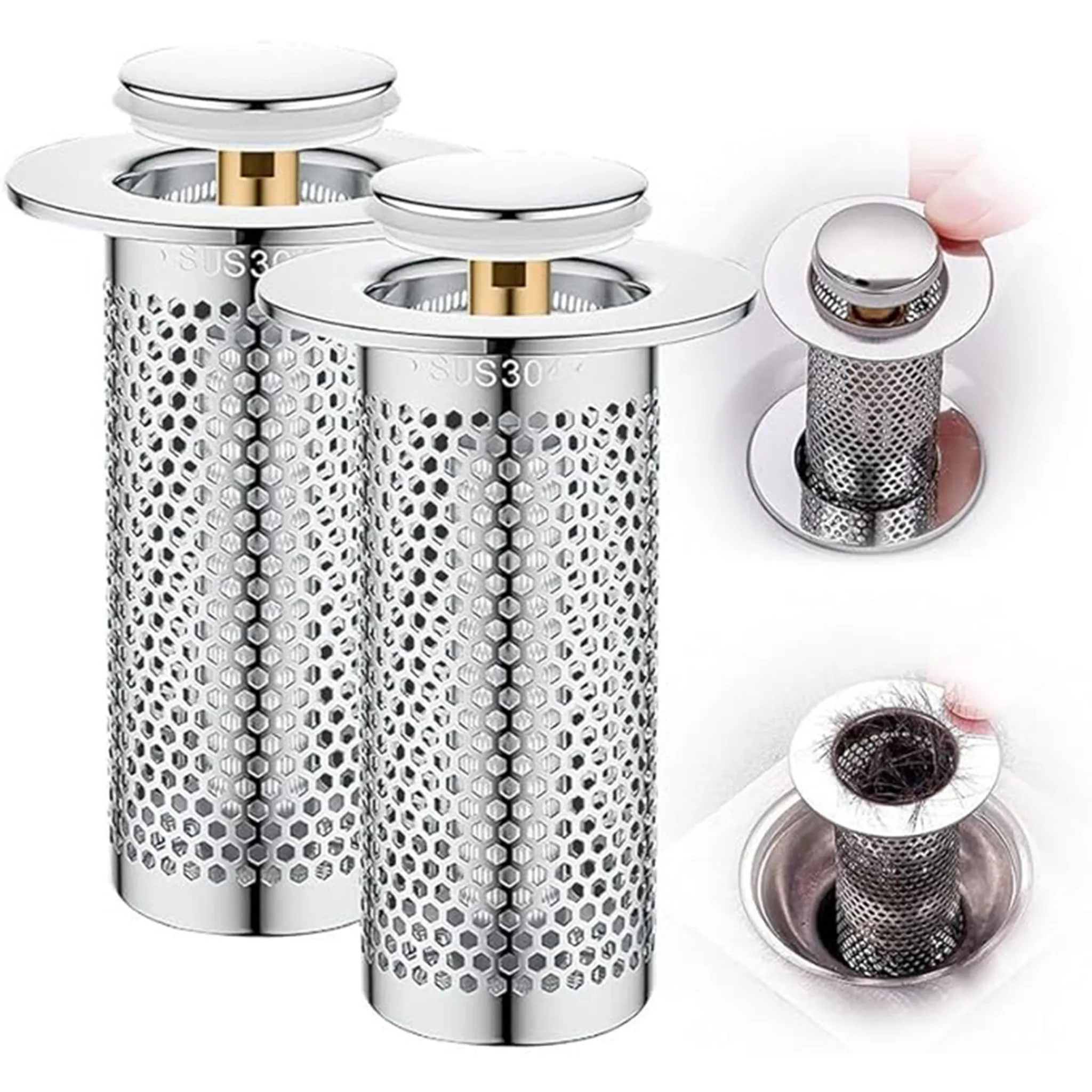 Dieses Set Aus 2 Spülbeckenstöpseln Mit Haarauffangbehälter, Ausklappbarem Edelstahl-ablauffilter Und Herausnehmbarem Filterkorb Ist Der Ideale Ersatz Für Ihr Spülbecken.