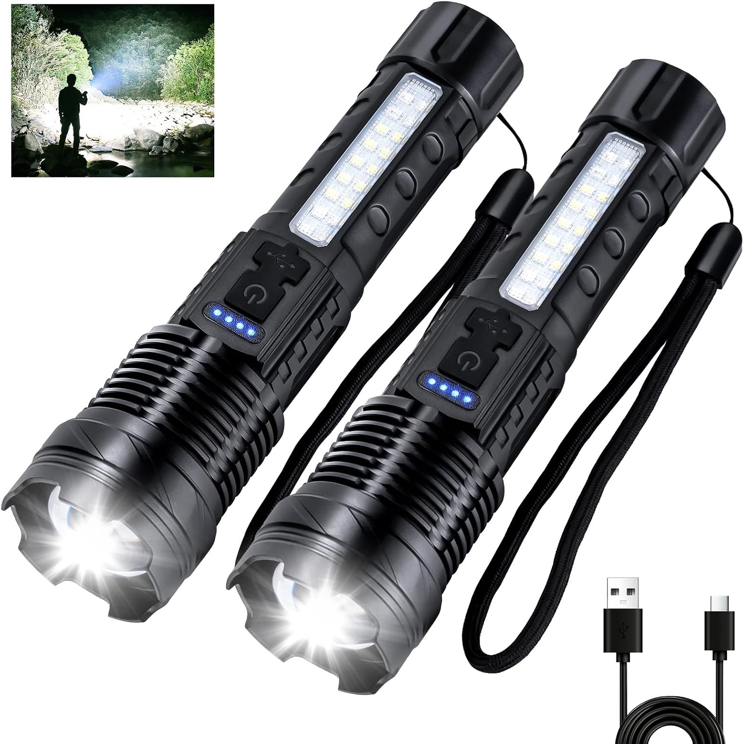 Hochleistungs-taschenlampen, Wiederaufladbar, 2er-pack, Batteriebetriebene Led-taschenlampe, 7 Modi, Cob-seitenlicht, Usb-c, Zoombar, Wasserdicht Für Notfälle