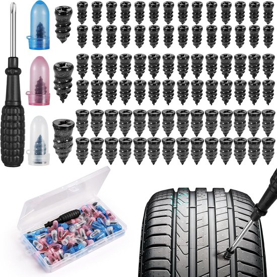 85-teiliges Reifenreparaturset, Universal-notfallset, 3 Größen Gummierte Reparaturnägel, Schraubendreher, Für Schlauchlose Reifen, Schwarz.