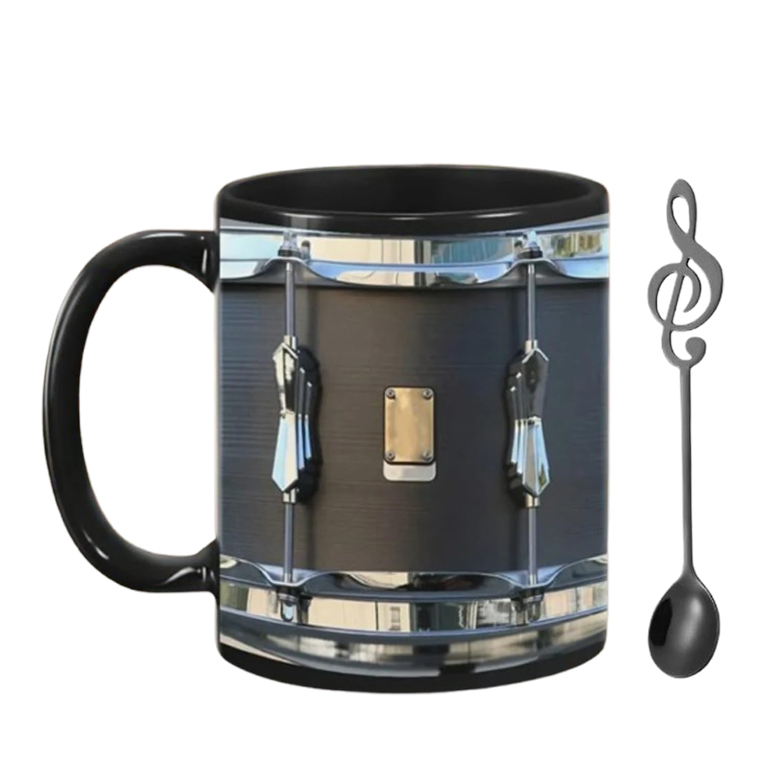 Schwarzer Vintage-schlagzeugbecher Mit Löffel, 325 Ml Musikbecher, Keramik, Vintage-schlagzeug-kaffeebecher, Schöner Kaffeebecher, Cooler Becher Für Schlagzeuger Und Musiker