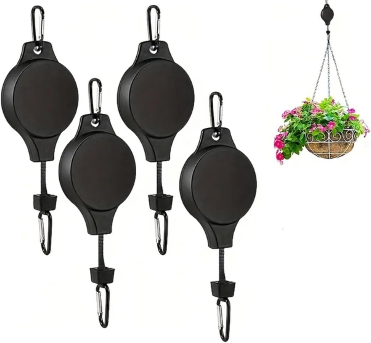 4-teiliges Pflanzenrollen-set, Schwarz, Für Zuhause, 4-teiliges Pflanzenrollen-set Zum Aufhängen Von Pflanzen, Robuster, Einziehbarer Pflanzenhaken, Geeignet Für Hängeampeln