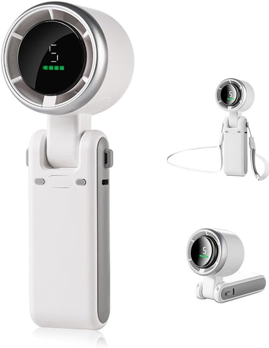 180° Verstellbarer Handventilator Mit Turbinenfunktion, 1200 Mah Akku, 5 Geschwindigkeitsstufen, Digitalanzeige, Tisch- Und Nackenhalterung, Mini-ventilator Für Unterwegs, Weiß