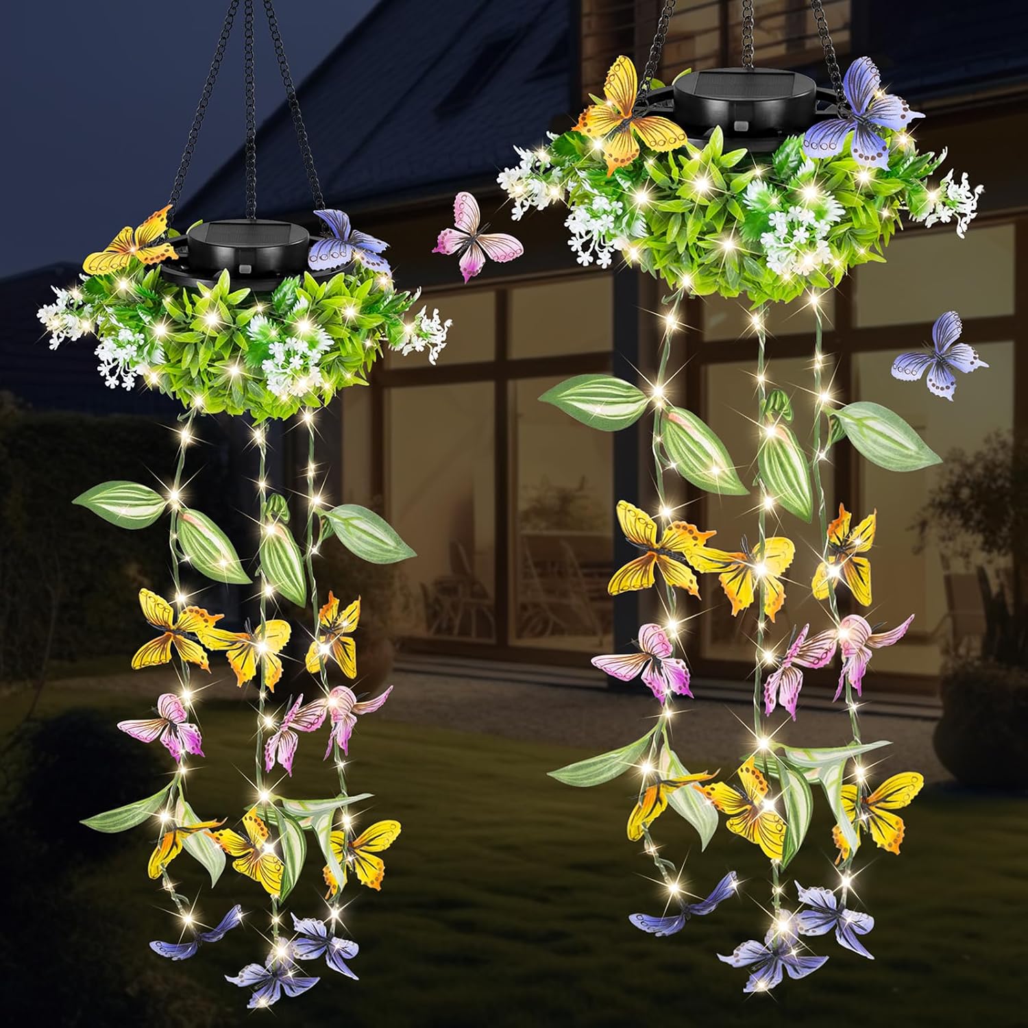 2er-set Solar-lichterketten Mit Schmetterlings- Und Blumenmotiven, Wasserdicht Für Den Außenbereich