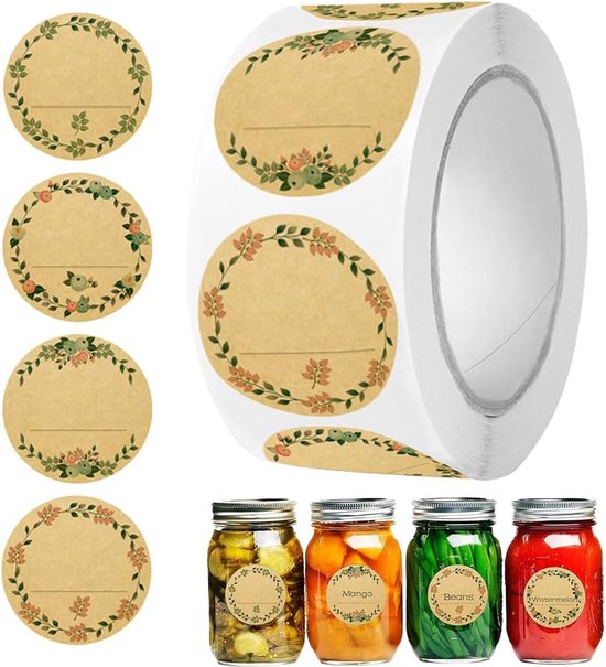 500 Stück, Etiketten, Einmachglasetiketten, Marmeladenetiketten, Geschenkaufkleber, Haushaltsetiketten, Kraftpapieraufkleber, Beschreibbar, Florales Design, Selbstklebend, 50 Mm