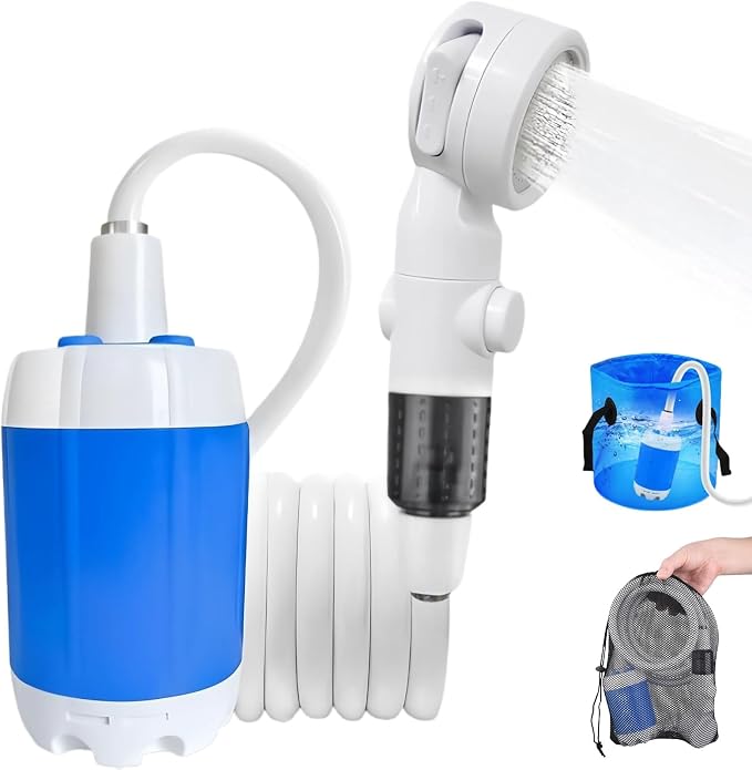 Tragbare Campingdusche, Wiederaufladbare Tragbare Campingduschenpumpe, Ausgestattet Für Wohnmobile, Reisen, Zum Baden Von Haustieren Und Zum Gießen Von Pflanzen (mit Netzbeutel)