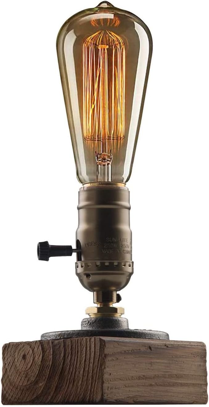 Industrielle Steampunk-schreibtischlampe – Vintage-tischleuchte Aus Dampfrohr – Antike Retro-eisenlampe Mit E26-fassung – Minimalistischer Loft-stil – Holzsockel