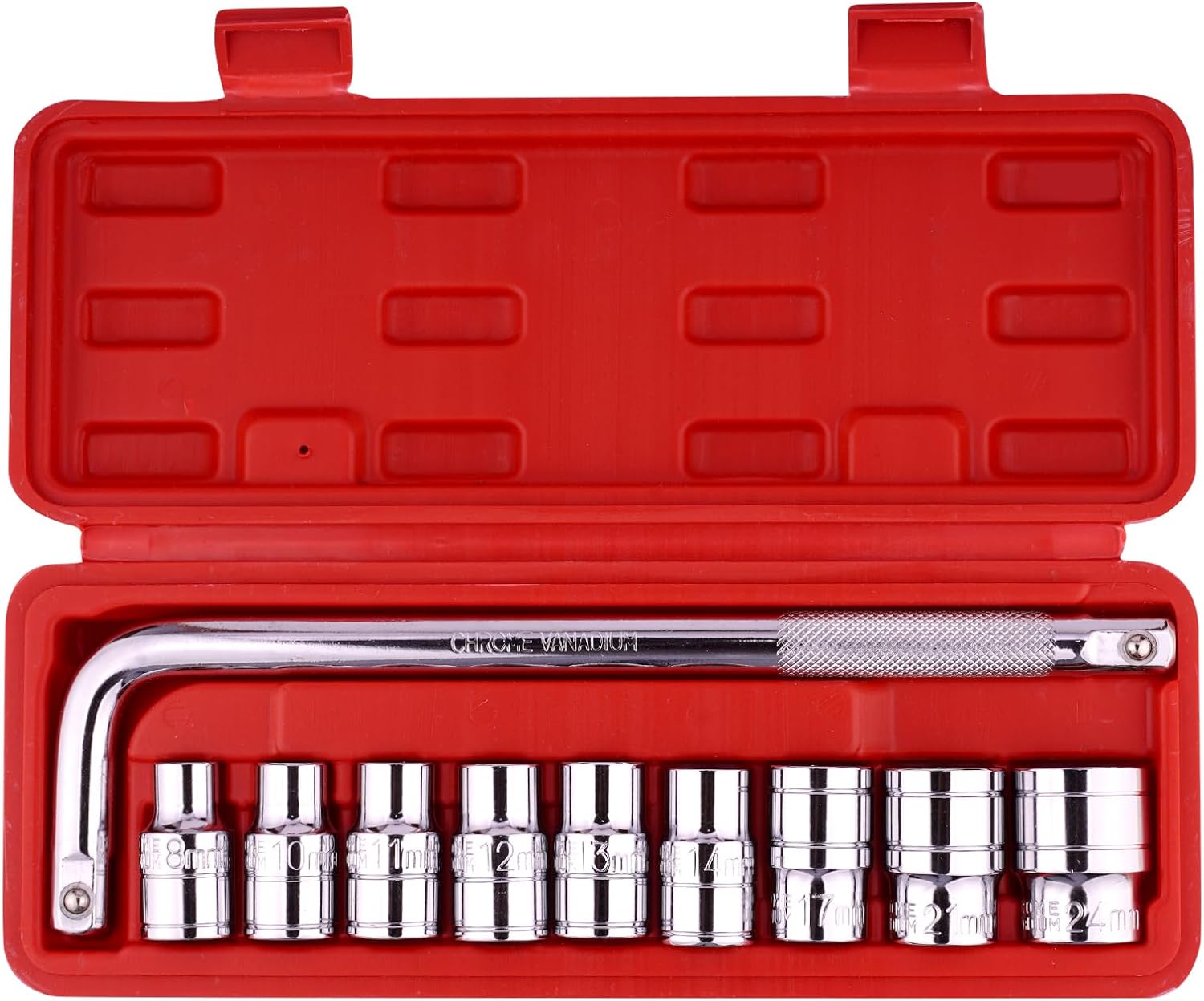 Satz Mit 10 Autoschlüsseln, 1 1/2"-biegestange, 9 1/2"-steckschlüssel: 8 Mm, 10 Mm, 11 Mm, 12 Mm, 13 Mm, 14 Mm, 17 Mm, 21 Mm, 24 Mm. Wartung Von Autos