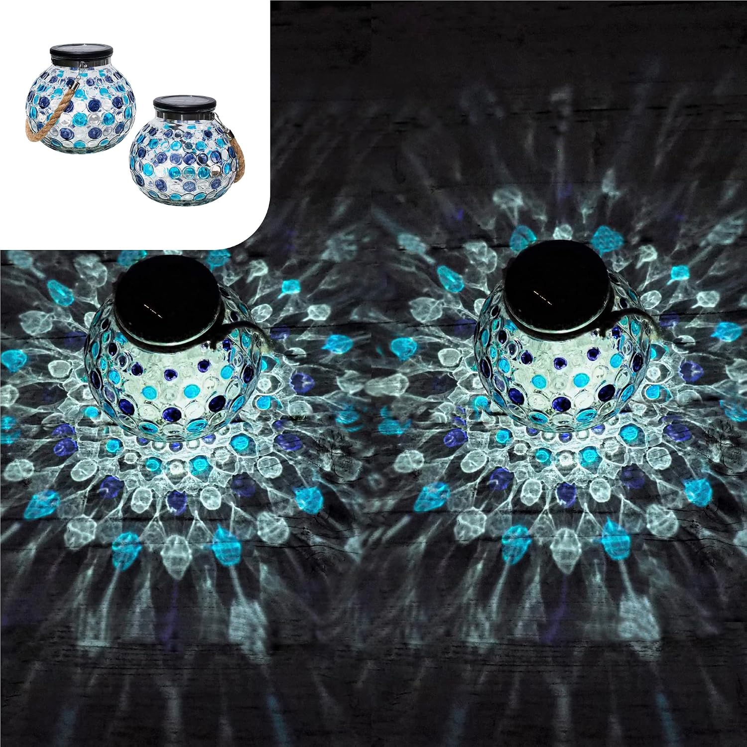 Solarlaternen-set Rot 2-teilig Dekorative Led-tischleuchte Aus Glas Für Den Garten Kugel Mit Mosaik-lichteffekt Und Seilgriff Zum Aufhängen (blau)