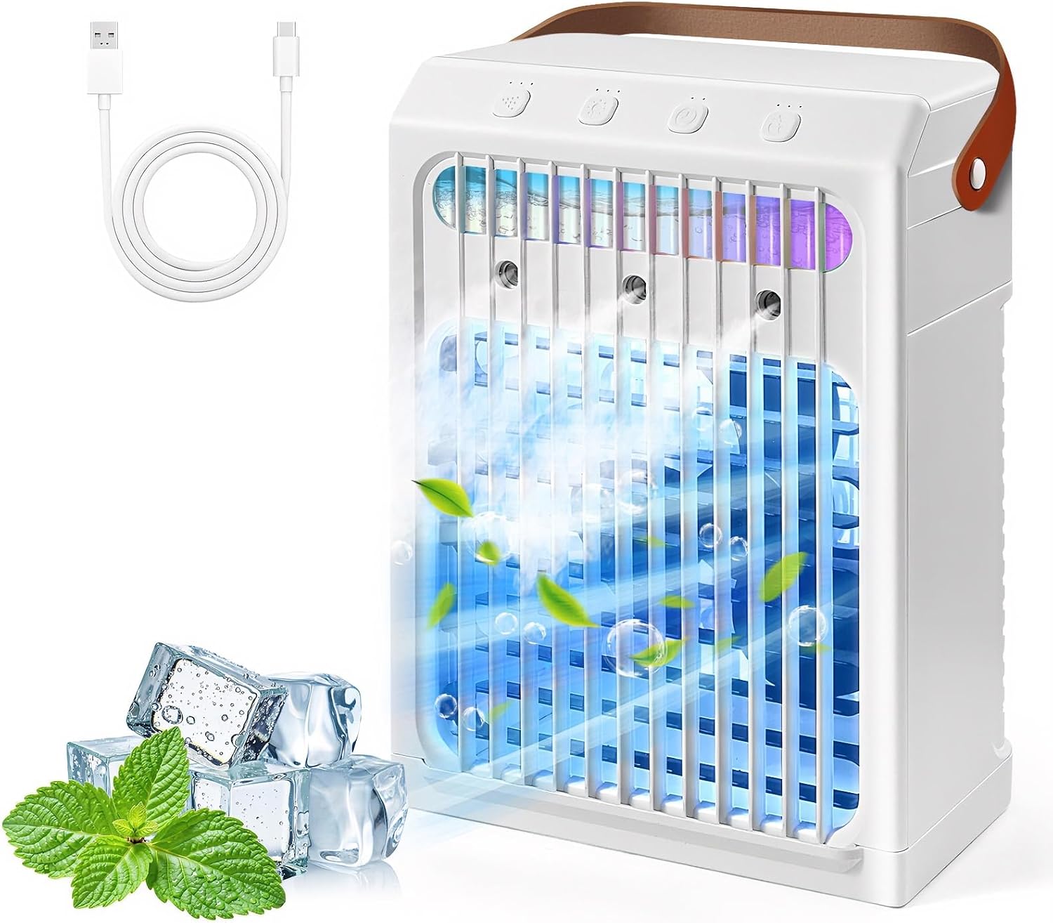 Tragbarer Luftkühler (weiß) – 900-ml-wassertank – 3 Geschwindigkeitsstufen – Timer (2/4/6 Stunden) – 7-farbiges Nachtlicht – Geräuschlose Verdunstungskühlung – Ideal Für Schlafzimmer Und Büro – 900 Ml