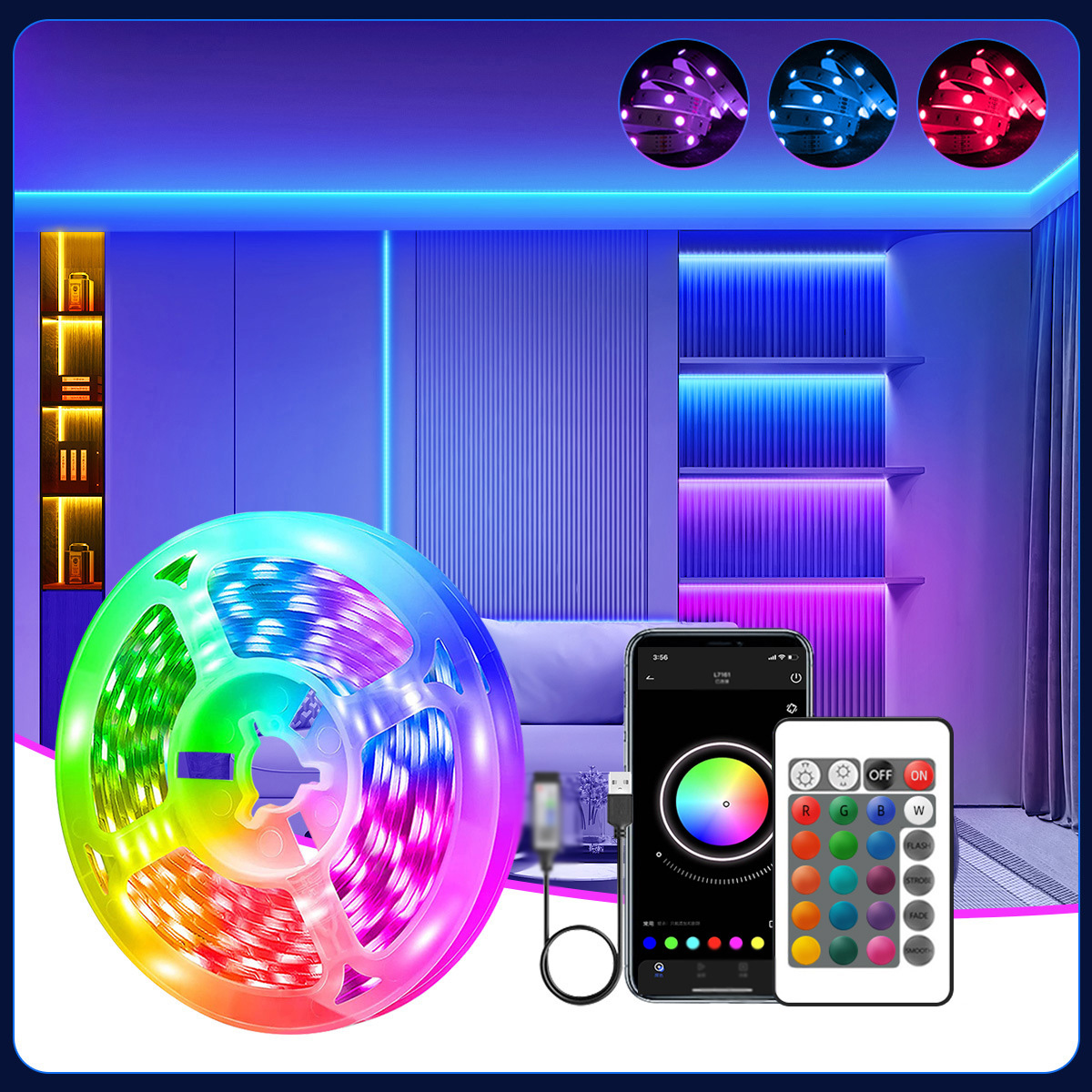 1 Meter Langes Usb-led-streifen-set Mit Selbstklebenden Rgb-led-streifen, Musiksynchronisation Und Farbwechsel – Für Schlafzimmer, Spielzimmer, Partys Und Feiertage