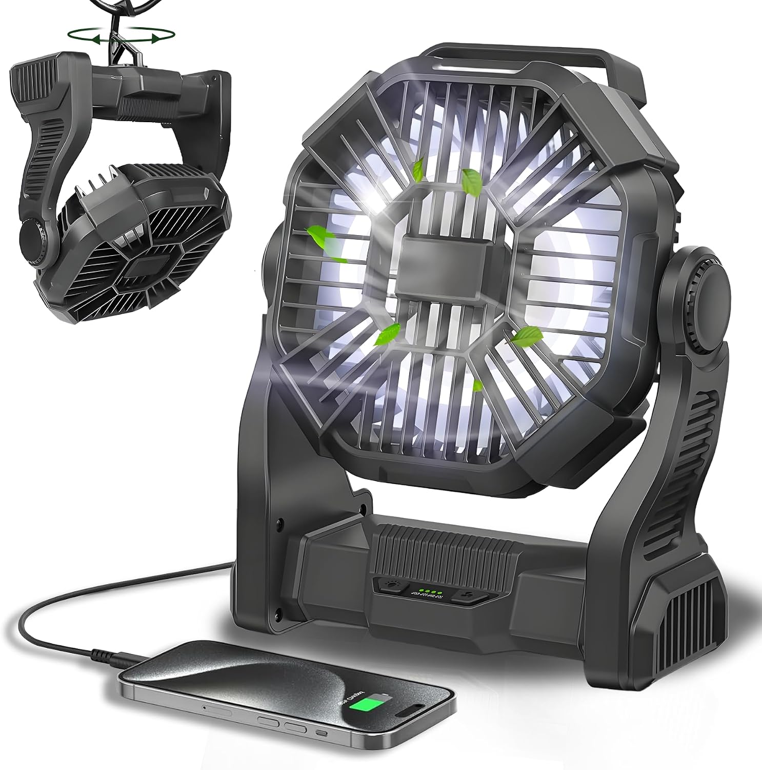 10000-mah-akku – Mit Led-laterne – Usb-c-ladeanschluss – Schwarzer, Wiederaufladbarer, Tragbarer Ventilator – Kabellos – Camping – Angeln – Strand – Büro – 10000 M Reichweite
