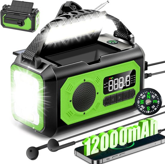 Notfall-solarradio, 12000 Mah, 2 Solarzellen, Handkurbel, Am/fm-empfang, Handy-ladegerät Mit Led-taschenlampe Und Sos-funktion, Grün