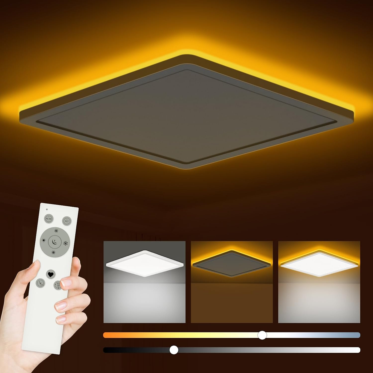 Led-deckenleuchte, 24 W, 3200 Lm, Quadratisch, Mit Fernbedienung, Farbtemperatur 3000–6500 K, 1800 K Bernsteinfarbenes Nachtlicht, Geeignet Für Wohnzimmer, Flur Und Schlafzimmer, 29,5 Cm X 3 Cm