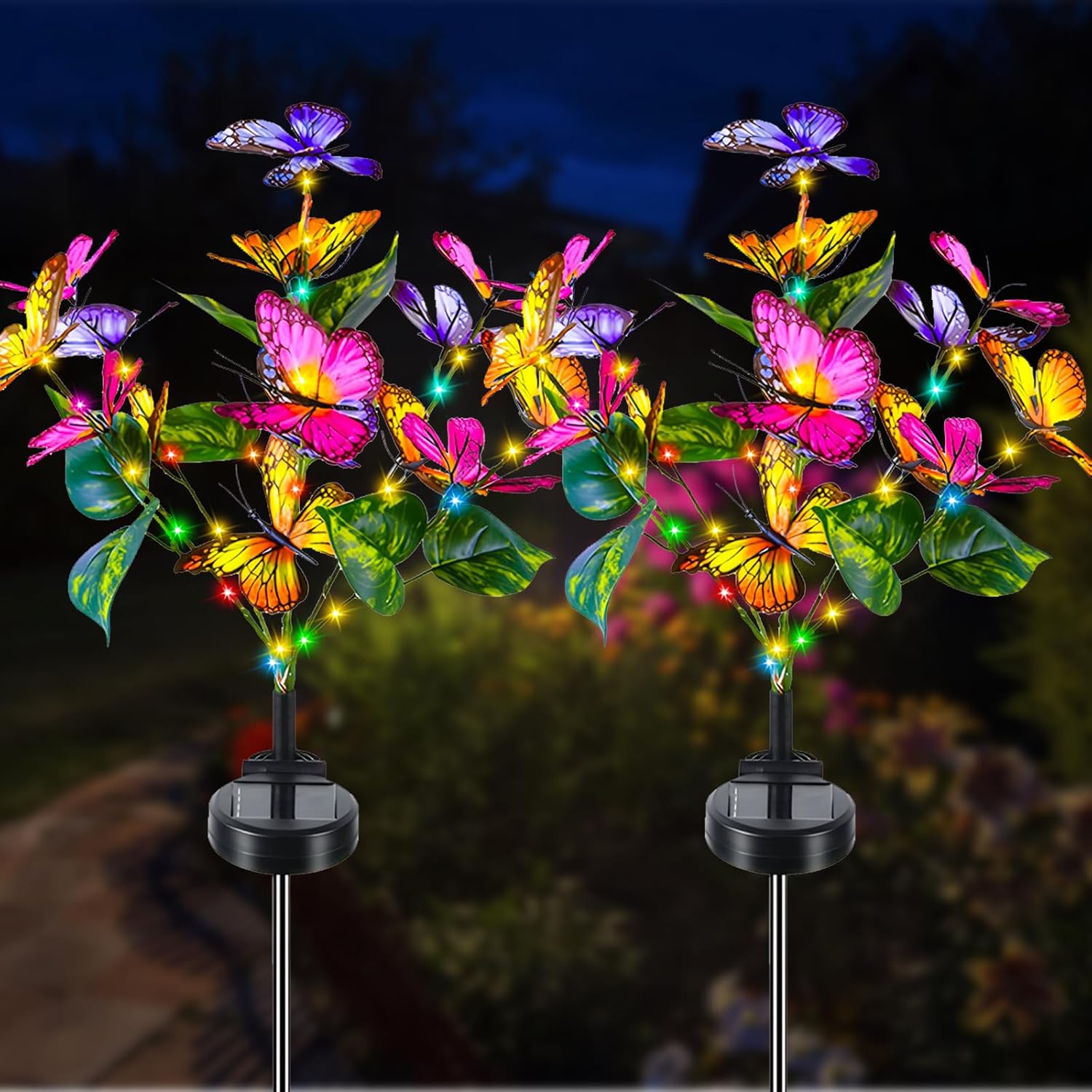 Solar-gartenleuchten, 2-teiliges Set Mit Blumen- Und Schmetterlingsmotiven, 2 Leuchtmodi, Wasserdichte Gartenbeleuchtung Für Wege Und Gartendekoration