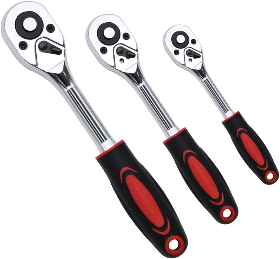 Set Aus 3 Ratschenschlüsseln Mit 1/4-zoll-, 3/8-zoll- Und 1/2-zoll-antrieb, Ein Robustes, Professionelles Ratschenschlüssel-set.