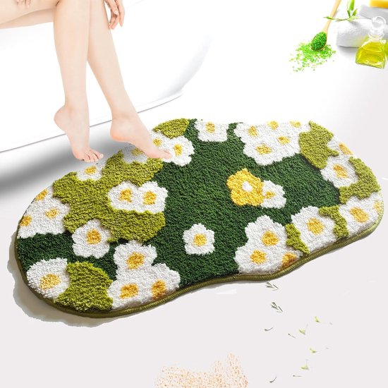 Niedliche, Grüne, Flauschige Badematte Mit Blumenmuster, Ästhetischer, Saugfähiger Und Rutschfester Mikrofaser-bodenteppich Mit Pflanzenmotiv Für Badewanne, Waschbecken Und Dusche, 61 X 41 Cm