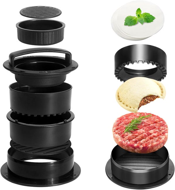 4-in-1 Burger-maker: Burgerform, Mini-burgerform Und 100 Pappteller Inklusive.