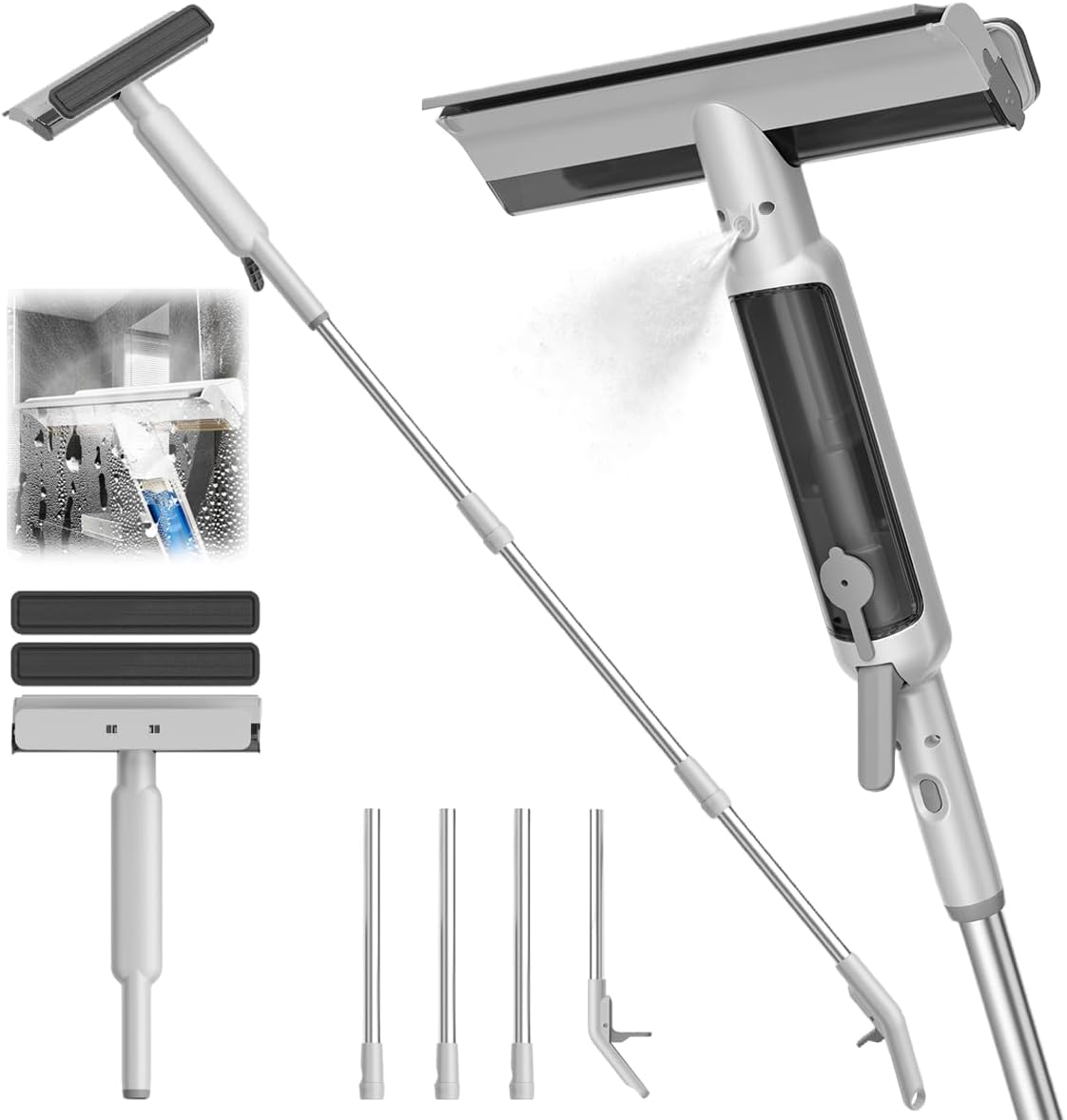 4-in-1-fensterwischer Mit Wassertank, Ferngesteuerter Wassersprühvorrichtung, Verstellbarer Stange (40,6–182,9 Cm), Abwassersprüher, Schwammwischer (40,9 Cm)