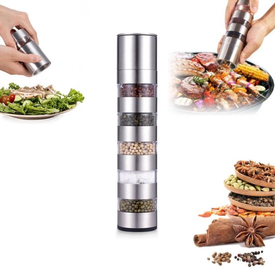 5-in-1 Reisegewürzset, Tragbares Mini-gewürzdosen-set Aus Edelstahl, Mini-salzstreuer, Einstellbarer Mahlgrad, Silberfarben, 25 X 5,3 Cm, Geeignet Zum Grillen