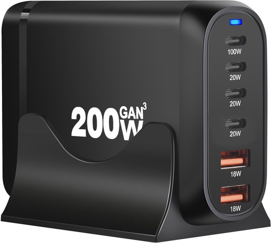 200-w-usb-c-schnellladestation Mit 6 Anschlüssen Für Iphone, Ipad, Macbook Pro Und Mobiltelefone, Schwarz